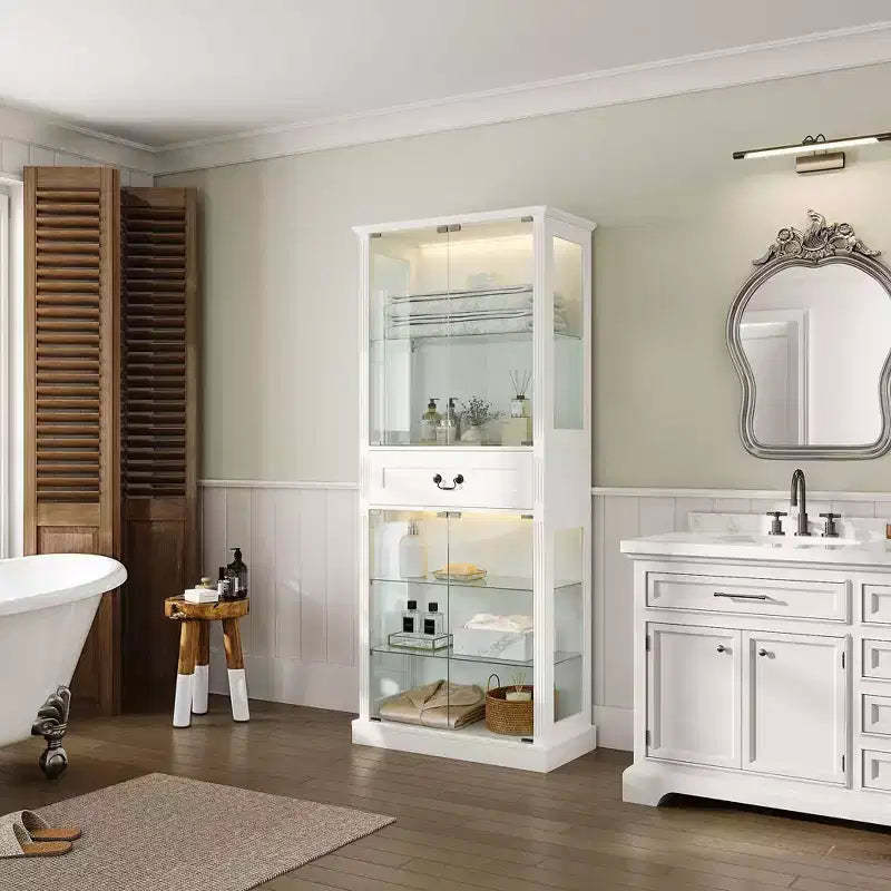 Famapy Freestanding Tall Bathroom Cabinet with 7-Color LED+Tempered Glass Shelves+Doors + Drawer Waterproof Bathroom Storage Tower