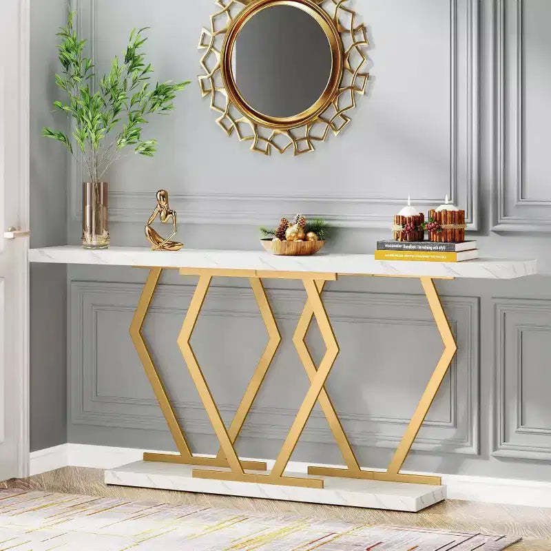 Lantine 70.9 Inch Extra Long Sofa Table, White and Gold Console Table with Faux Marble Tabletop, Modern Long Entryway Table with Gold Frame