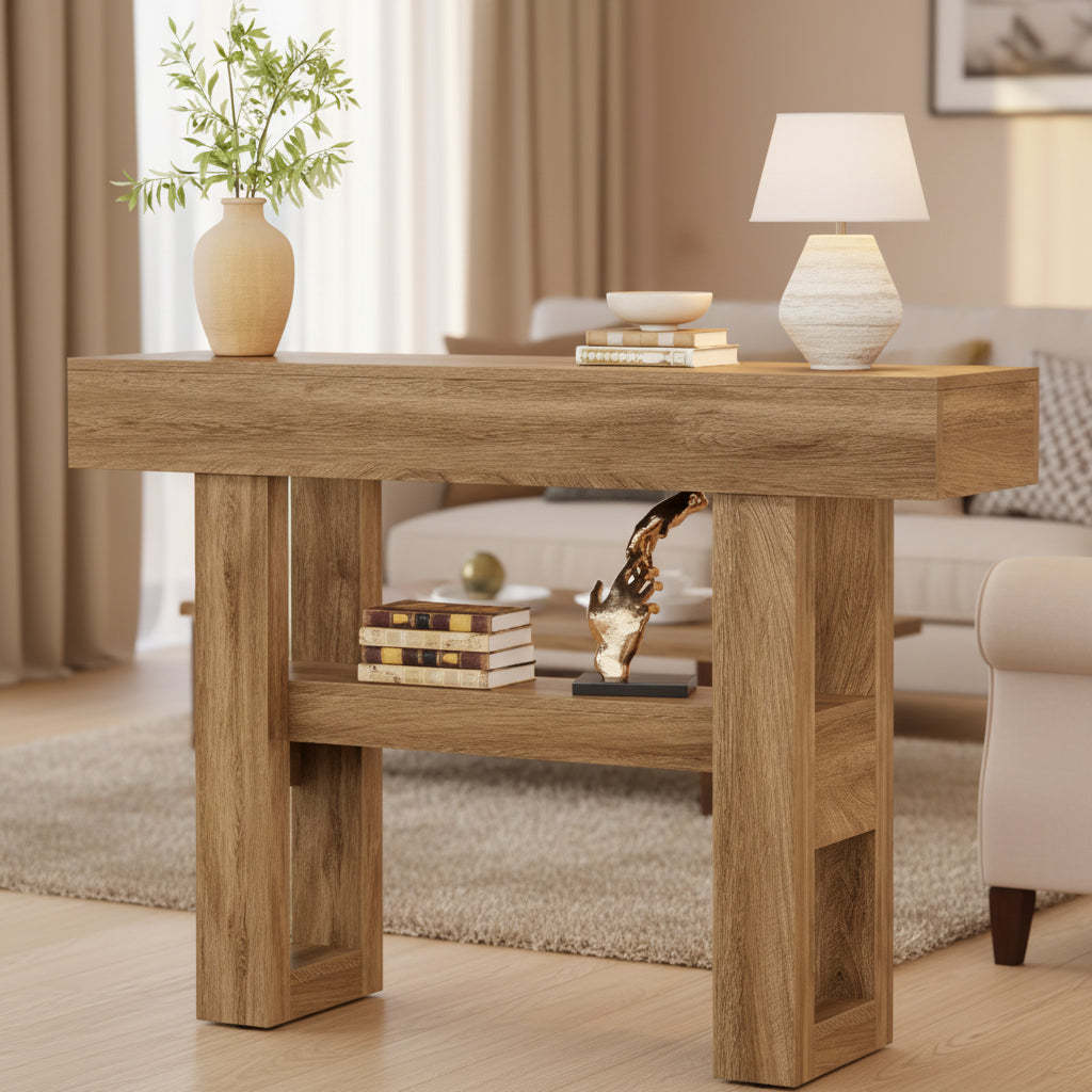 Lantine 41.34 Rustic Console Table with 2-Tier Storage, Narrow Light Brown Sofa Furniture for Foyer, Living Room, Entrance, Hallway.
