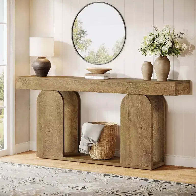 Lantine 70.9-Inch Farmhouse Console Sofa Table with Wood Frame and 2-Tier Storage Shelf, Light Brown, Ideal for Living Room, Hallway, Foyer.