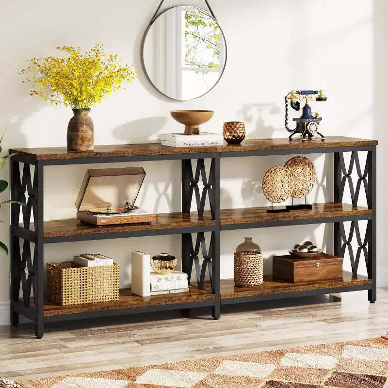 Lantine 70.9-Inch Console Table with Storage, Industrial 3-Tier Sofa Table for Living Room, Entryway Table for Hallway, Rustic Brown & Black
