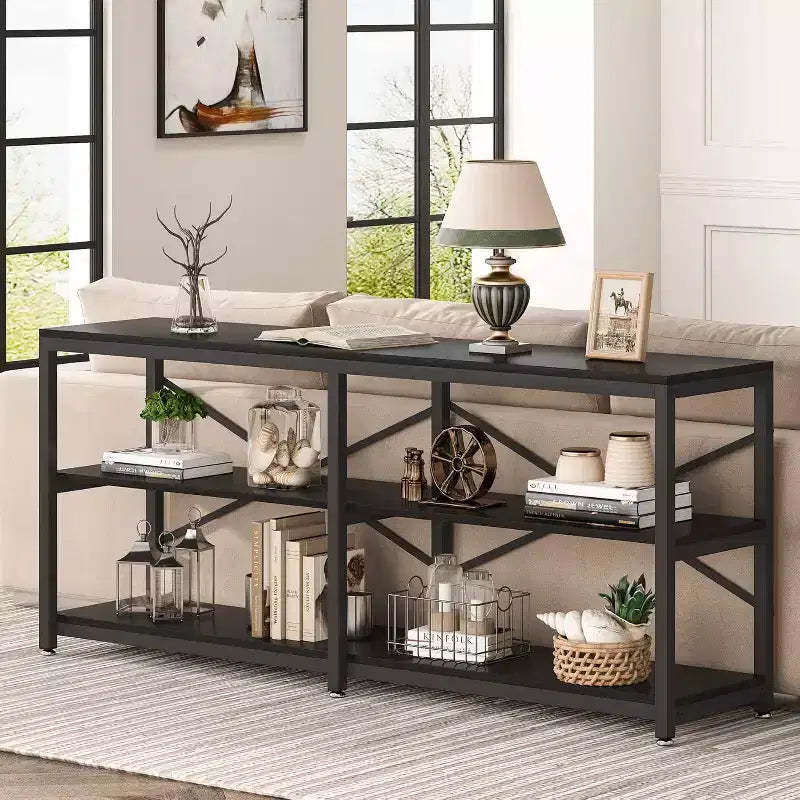 Lantine 70.9-Inch Extra Long Console Table, Modern Sofa Table with Storage Shelves, 3-Tier Industrial Entryway Table for Living Room, Black