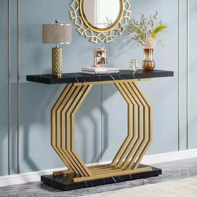 Lantine 40-Inch Gold Console Table, Faux Marble Entryway Narrow Sofa Table with Geometric Metal Base for Living Room, Hallway, Foyer, Black