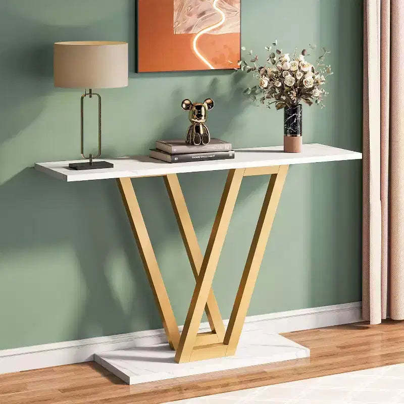 Lantine 43-Inch Gold Console Table, Modern Hallway Entryway and Sofa Table for Living Room, Faux Marble White, Easy Assembly