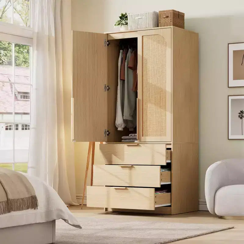 Wardrobe Closet, Modern Wooden Armoire with 3 Drawers & 2 Doors for Hanging Clothes