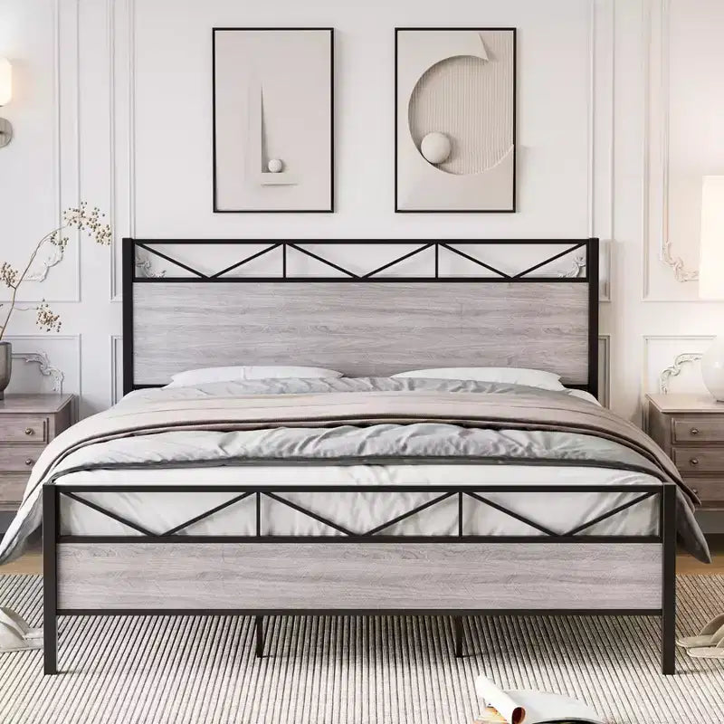 Coolmee King Size Bed Frame with Headboard, Industrial Platform King Bed Frame with 14 Strong Metal Slats Support, Under-Bed Storage, No Noise