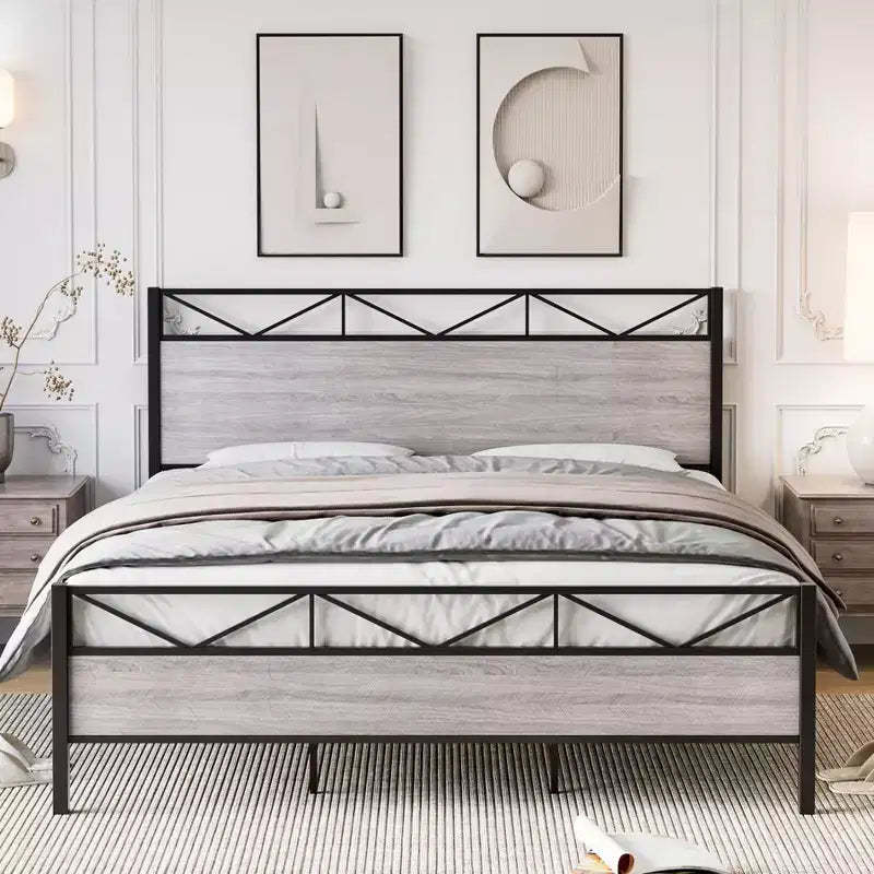 Coolmee King Size Bed Frame with Headboard, Industrial Platform King Bed Frame with 14 Strong Metal Slats Support, Under-Bed Storage, No Noise