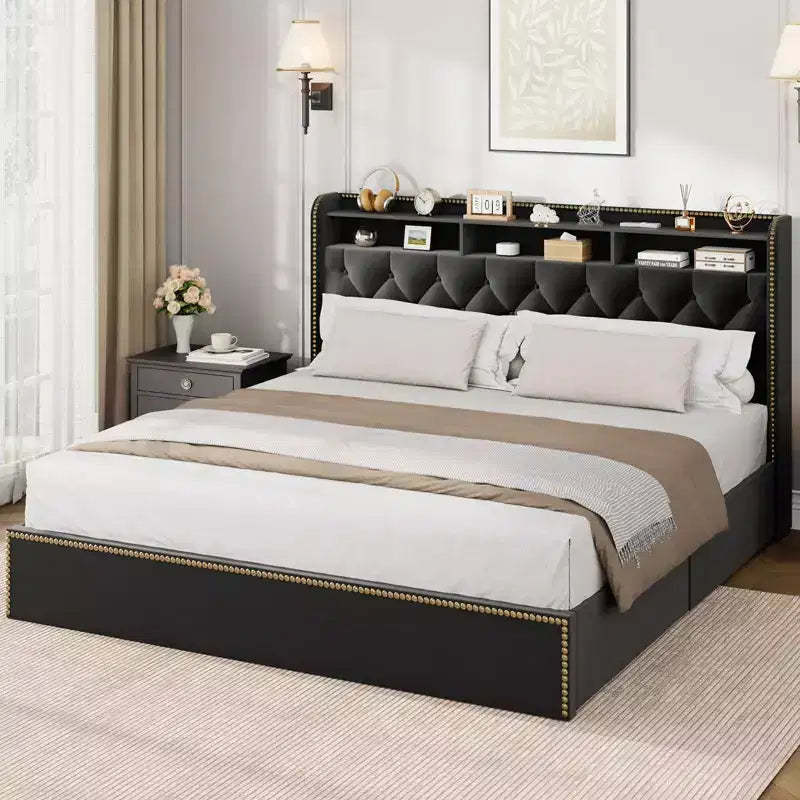 Coolmee Bed Frame with 4 Drawers, Upholstered King Platform with Headboard, Black, No Box Spring Needed, Wooden Slats Bed Frame