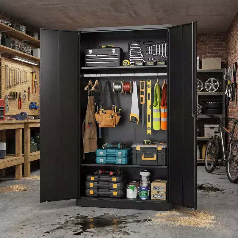72in Wardrobe Cabinet with Lock, Black Metal Garage Storage Cabinets with Adjustable Shelves & Hanging Rod, Metal Cabinet Storage for Home, Bedroom