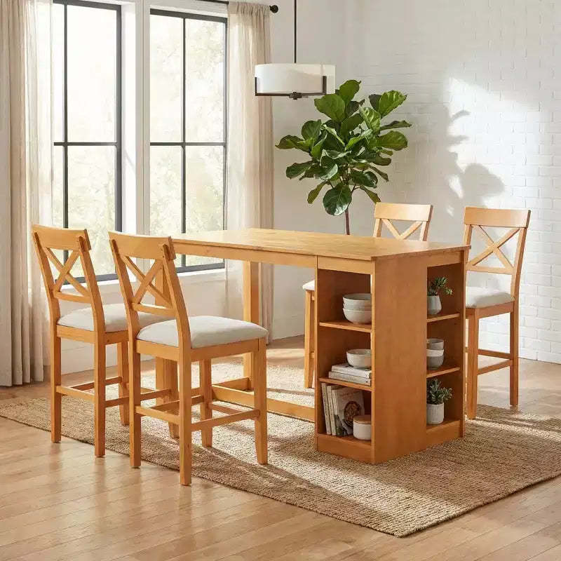 FurnitureR Solid Wood Dining Table Set for 4 with Storage Shelves, Rectangular Kitchen Table and 4 Chairs for Dining Room, Breakfast Nook Apartment