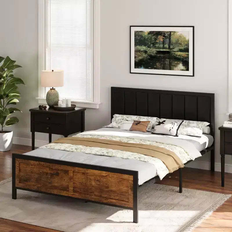 Dyonery Bed Frame, Metal Platform Bed Frame with Wooden Headboard with Rivet, 13 Heavy Duty Iron Slats Support, Large Under-Bed Storage.