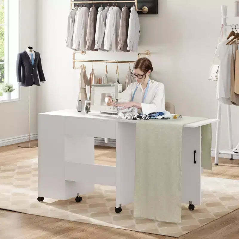 Sewing Table with Storage, Folding Craft Table with Lockable Wheels and Sliding Drawer
