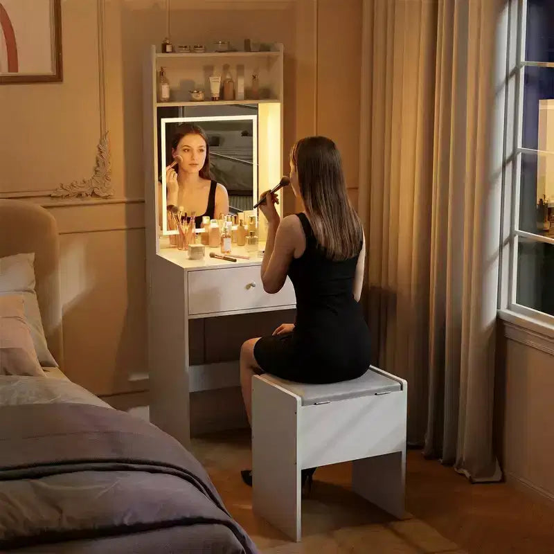 COZONY Makeup Vanity Desk with Mirror, 59 Storage Vanity Table with LED Lights, Power Strip, Stool, White