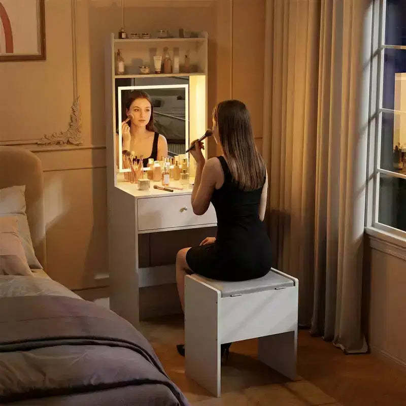 COZONY Makeup Vanity Desk with Mirror, 59 Storage Vanity Table with LED Lights, Power Strip, Stool, White