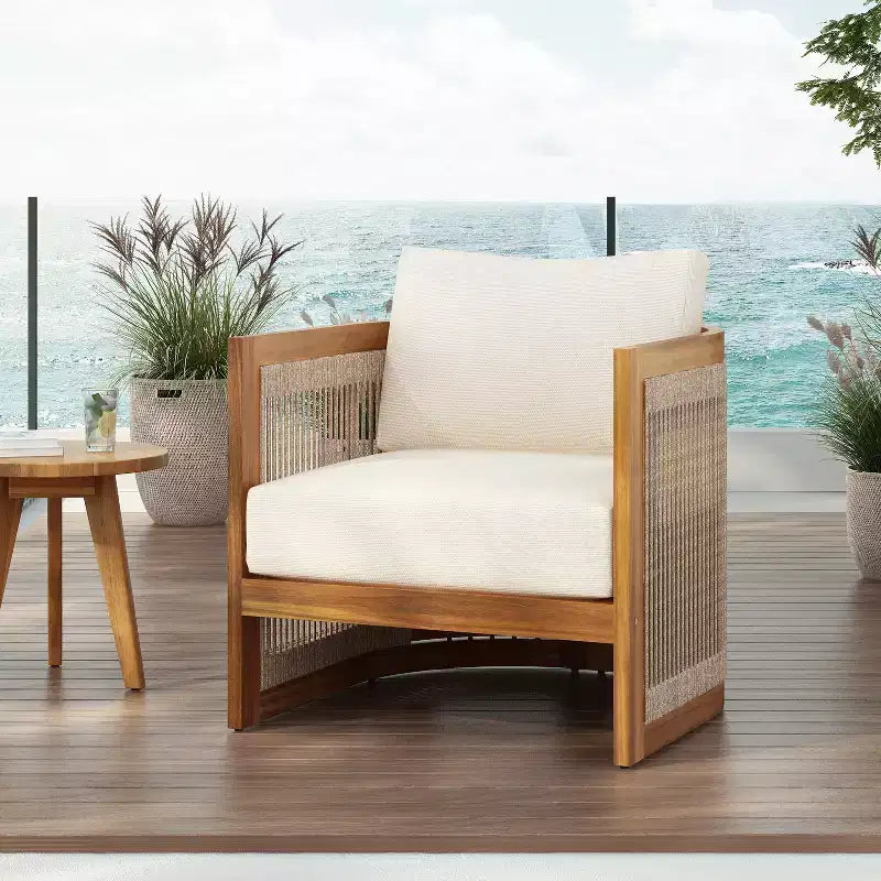 Patio Accent Chair Barrel Chair Outdoor Club Chair Curved Armchair Patio Seat with Water-Resistant Cushion & All-Weather Acacia Wood Frame -ModernLuxe