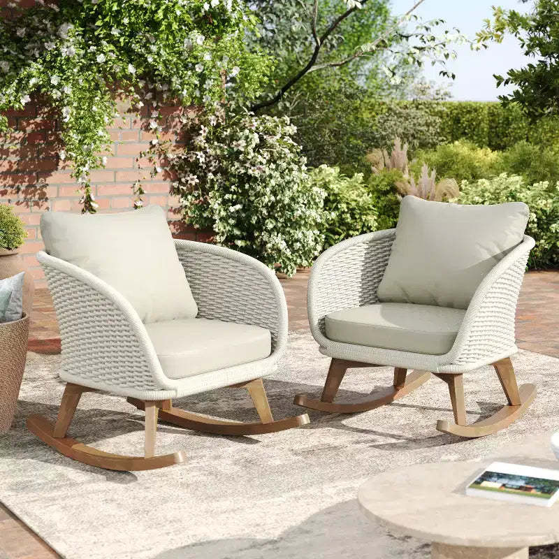 Set of 2 Contemporary Minimalist Beige Wicker Rocking Chairs with Soft Cushions, for Indoor and Outdoor Use