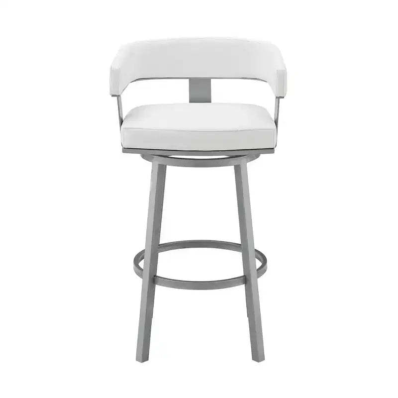 HomeRoots 30 White And Gray Faux Leather And Iron Swivel Low Back Bar Height Bar Chair