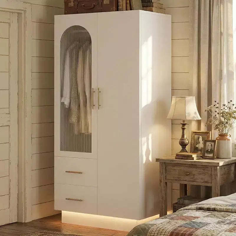 71 Tall Storage Cabinet with LED Light & 3 Door, Large Wooden Storage Closet Cabinet with 2 Drawers, for Large Space,Bedroom