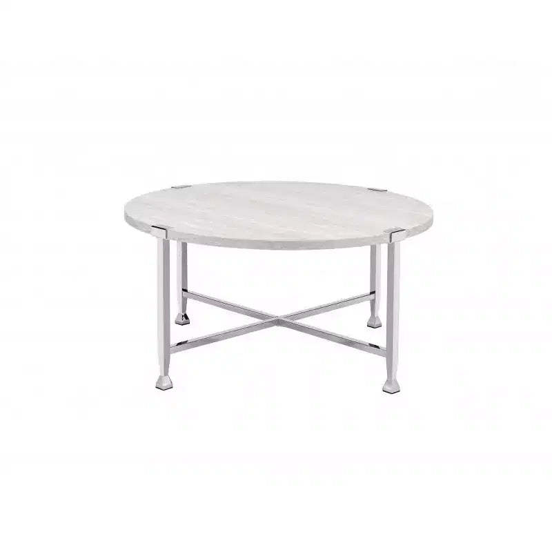 HomeRoots 36 White and Silver Metal Round Cross Legs Coffee Table