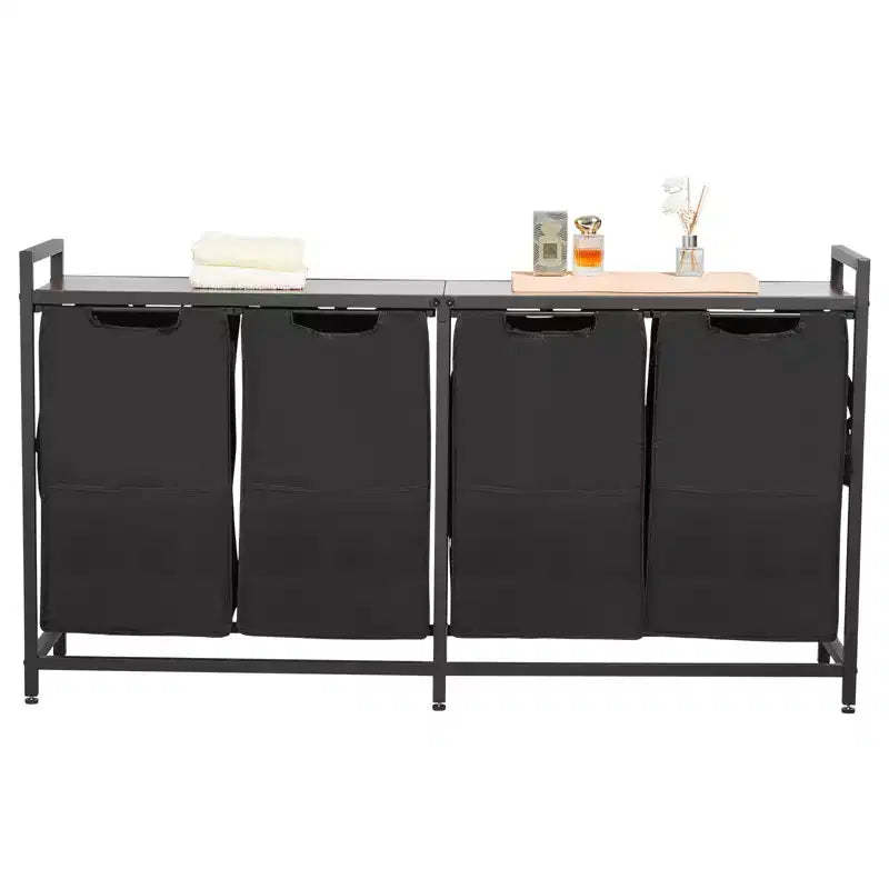 VEVOR 4 Section Laundry Sorter, Large Laundry Hamper with Metal Frame and Wooden Tabletop, Freestanding Storage Organizer Baskets, Black