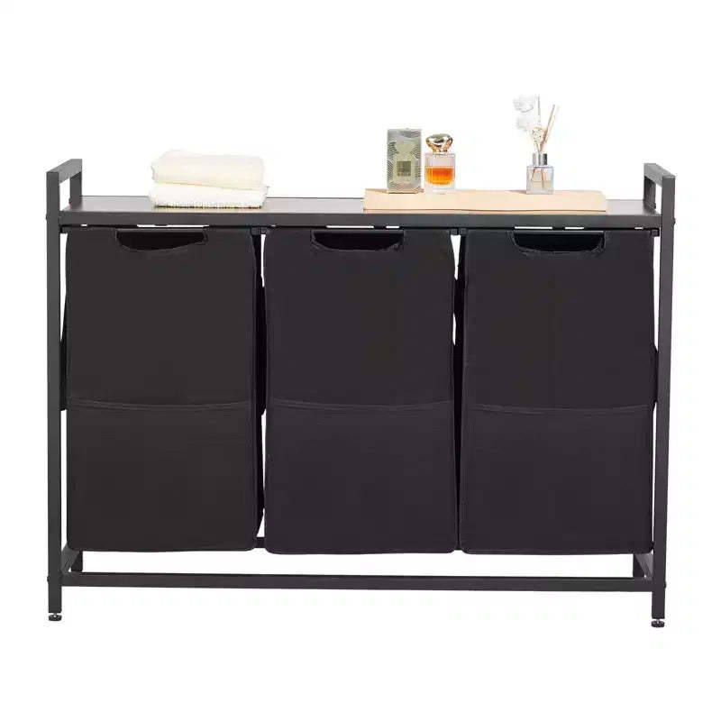 VEVOR 3 Section Laundry Sorter, Large Laundry Hamper with Metal Frame and Wooden Tabletop, Freestanding Storage Organizer Baskets, Black