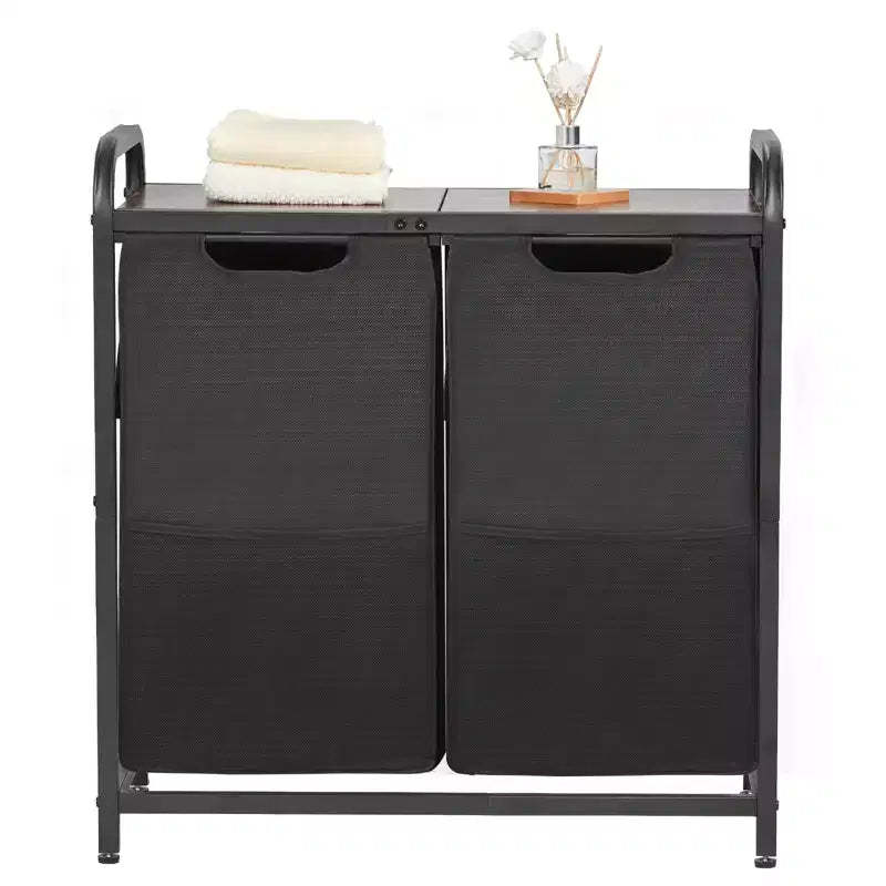 VEVOR 2 Section Laundry Sorter, Large Laundry Hamper with Metal Frame and Wooden Tabletop, Freestanding Storage Organizer Baskets, Black
