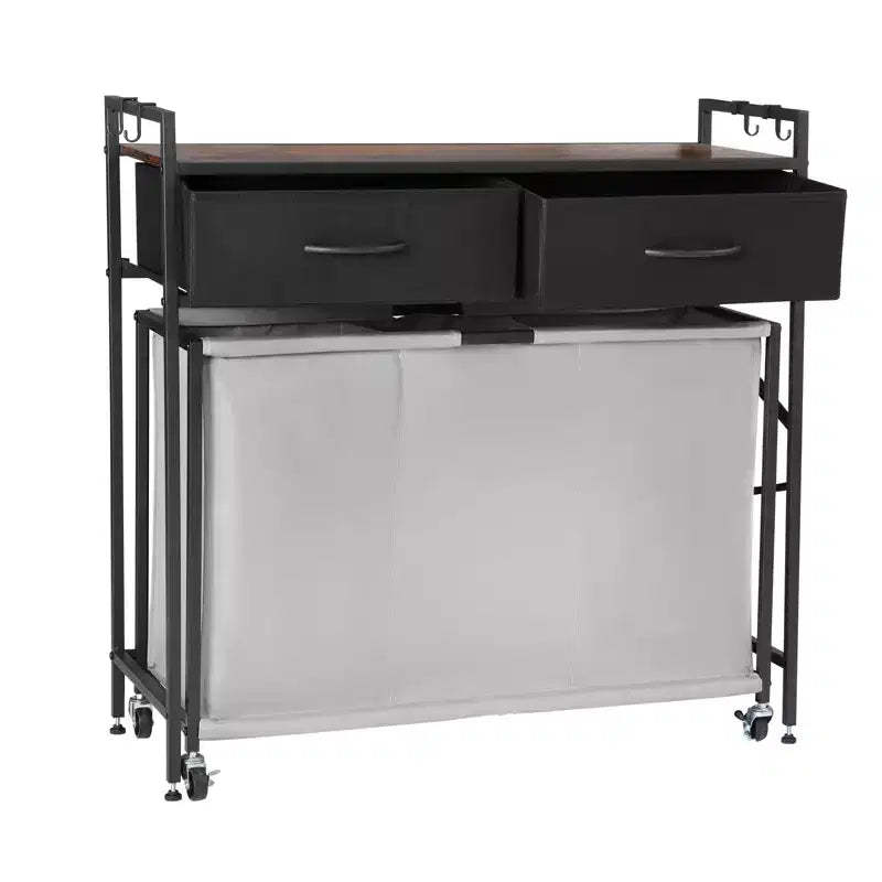 VEVOR 3 Section Laundry Sorter, Rolling Laundry Hamper with 2 Drawers, Hooks & Wheels, Rolling Basket Organizer Storage, Black+Gray