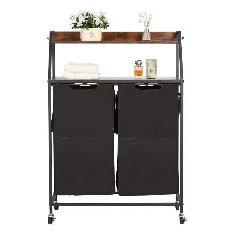 VEVOR 2 Tiers Laundry Sorter, Tall Laundry Hamper with Metal Frame and Wooden Tabletop, 2 Section Rolling Basket Organizer Storage, Black