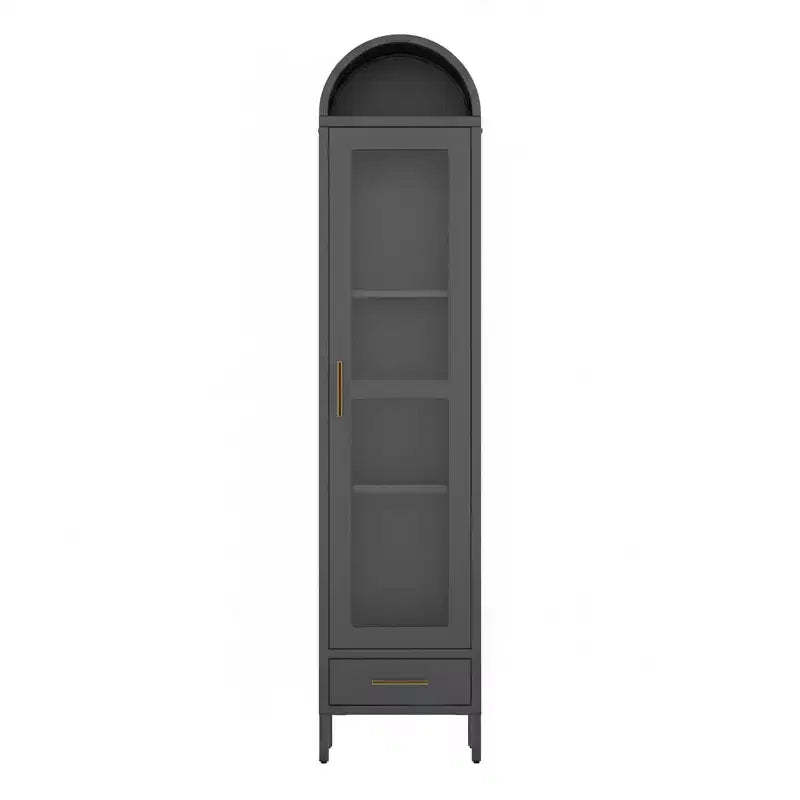 Tall Narrow Arched Bookcase, Metal Arched Storage Cabinet with Glass Door & Drawer, Modern Black Pantry Cabinet