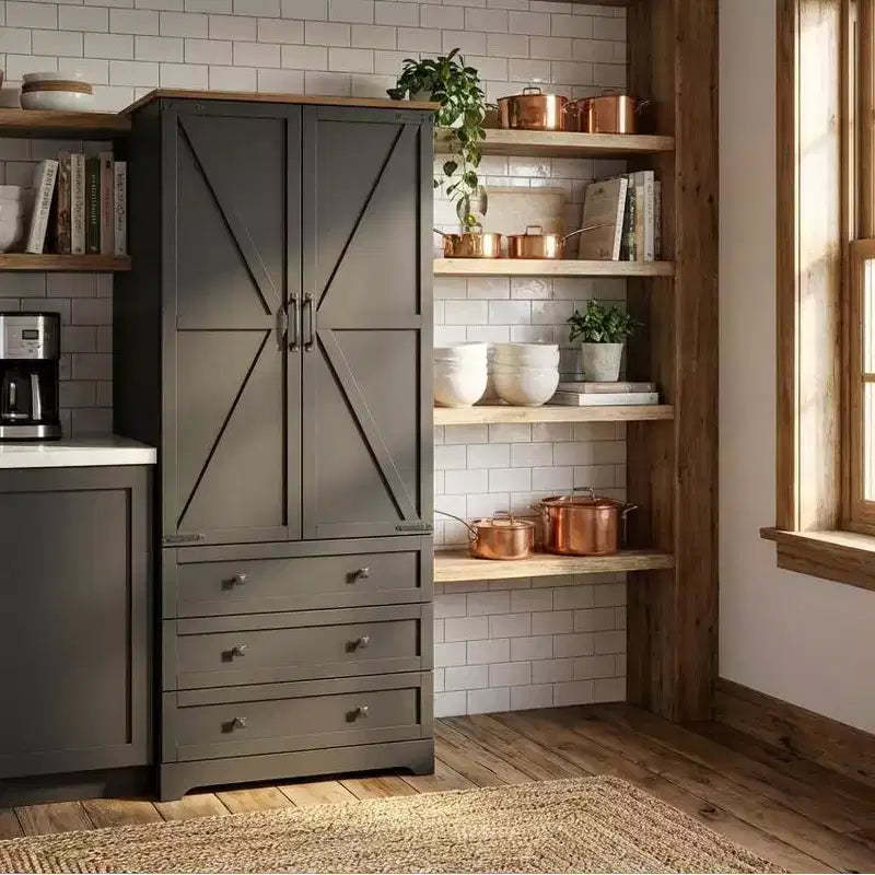 72 Tall Large Wood Farmhouse Kitchen Pantry Cabinet with Adjustable Shelves & 2 Barn Doors & 3 Drawer, Versatile Storage