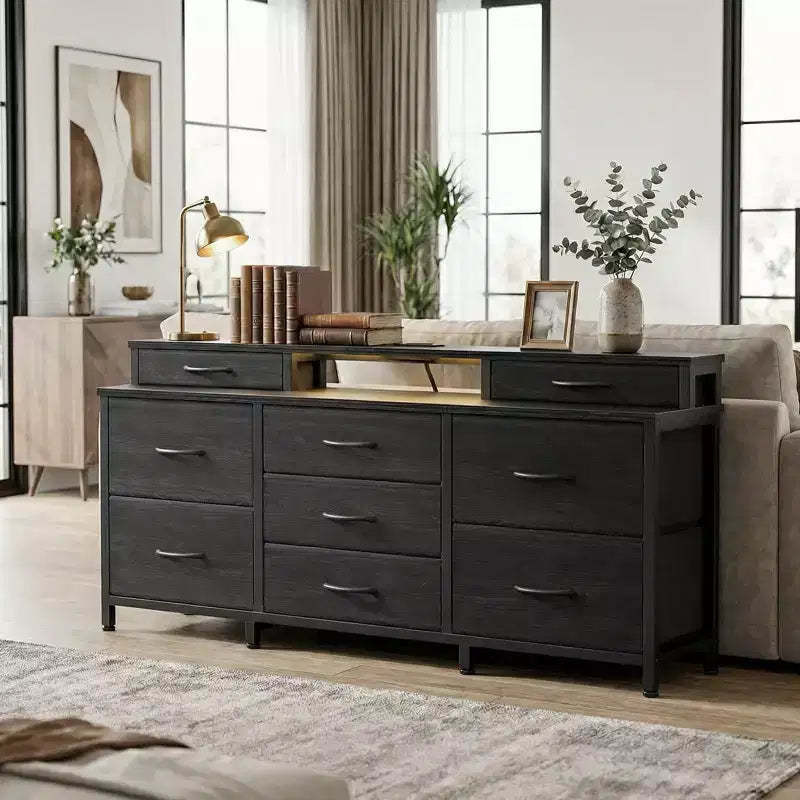 Black LED TV Stand Dresser with Charging Station 9 Fabric Drawers Storage Chest Wide Media Entertainment Center Shelves Bedroom Dorm Organizer