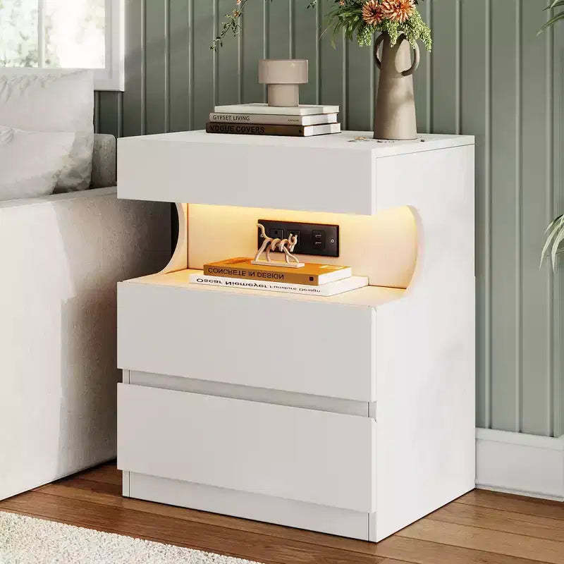 Nightstand with App-Controlled Light, Modern Bedside Table with Charging Station, 3 Drawer End Table, Night Stand for Bedroom