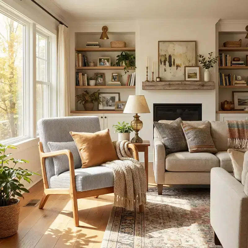 FurnitureR Modern Upholstered Accent Chair with Solid Wood Arms, Textured Fabric Lounge Chair for Living Room, Bedroom, Reading Nook