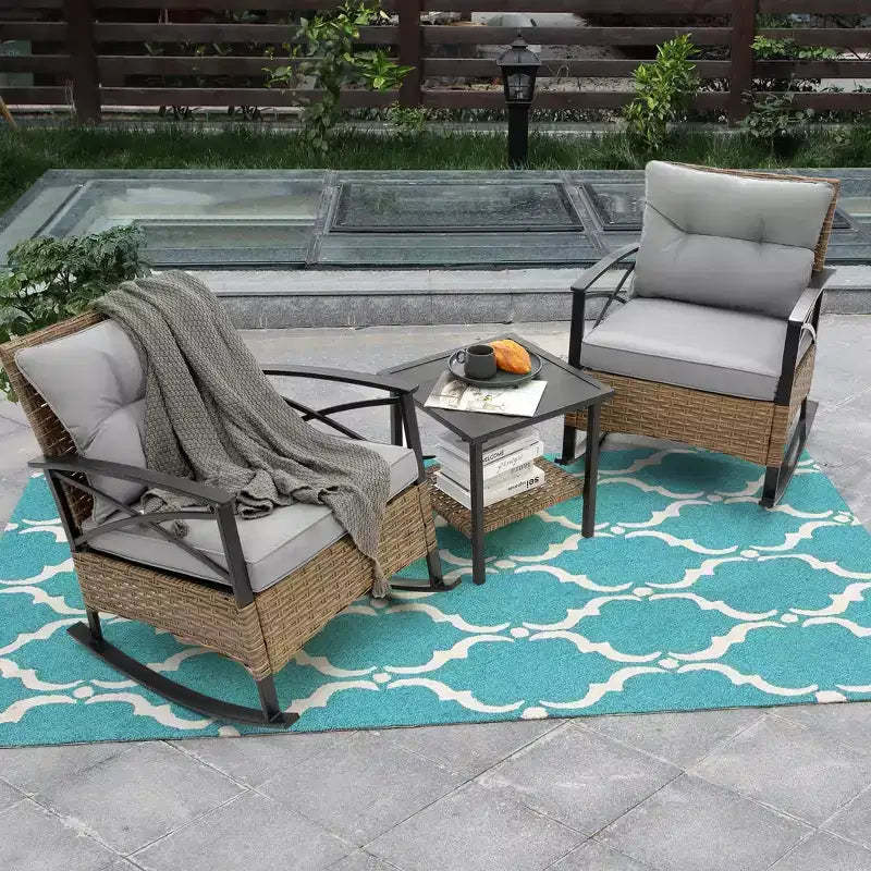 Zeus & Ruta 3-Piece Outdoor Rattan Rocking Chair Set, Patio Leisure Chairs with Cushions, Gray