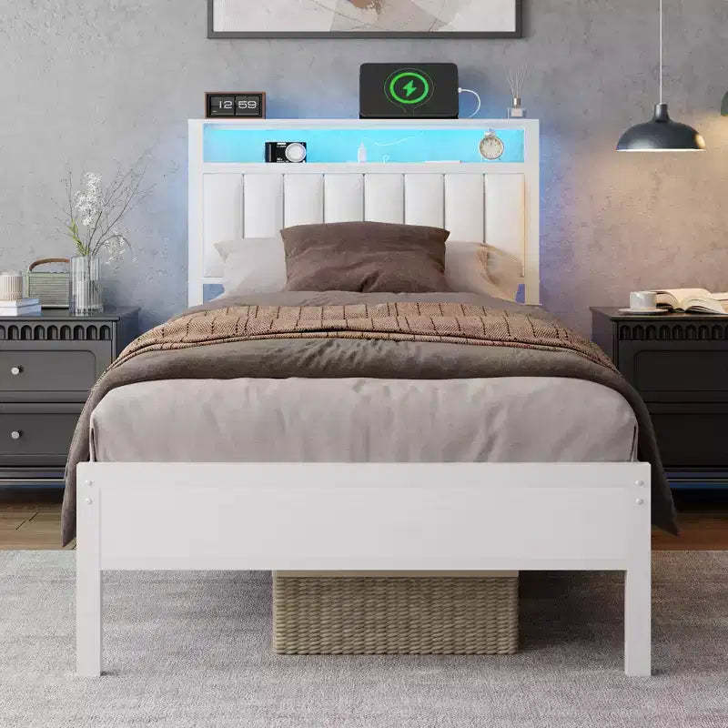 Modern White Twin Bed Frame with Charging Station LED Lights Storage Headboard Upholstered Platform Bed No Box Spring Needed Teen Gaming Bedroom