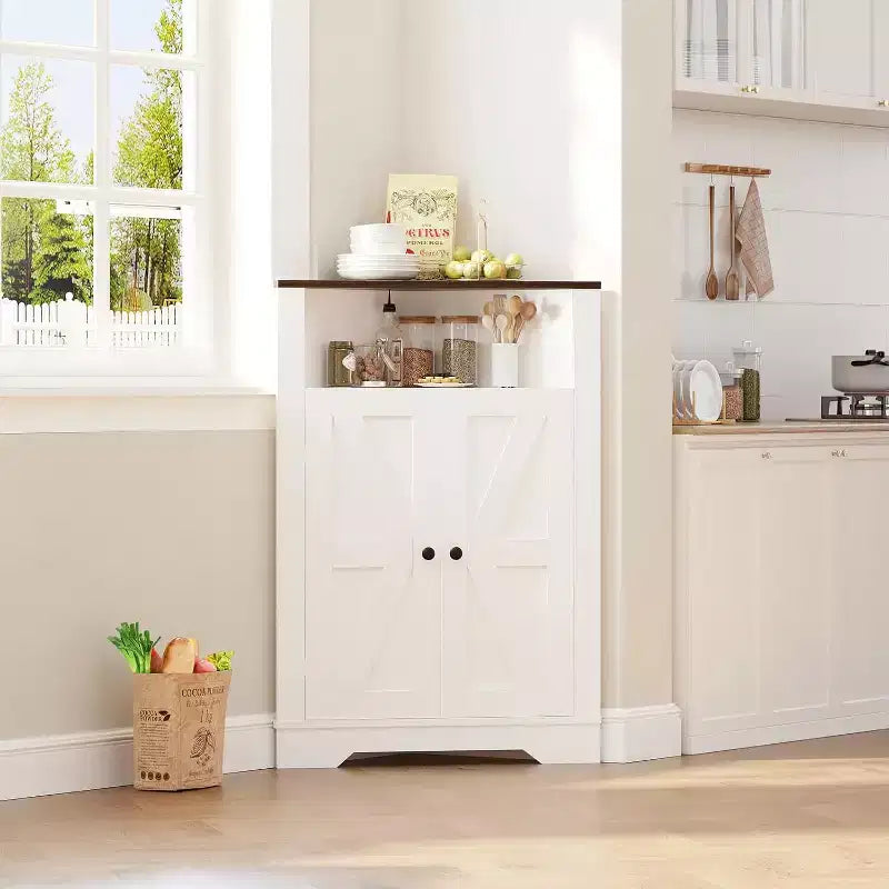 Corner Storage Cabinet, Farmhouse Small Floor Corner Cabinet with Door & Adjustable Shelf, Narrow Organizer for Bathroom, Kitchen or Living Room