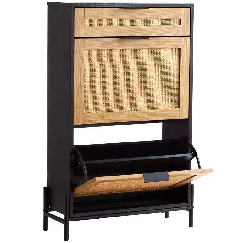 Rattan Shoe Cabinet Black Narrow Entryway Shoe Storage Organizer with 2 Flip Drawers and Slide Drawer Metal Legs Boho Style 12 Pair Capacity