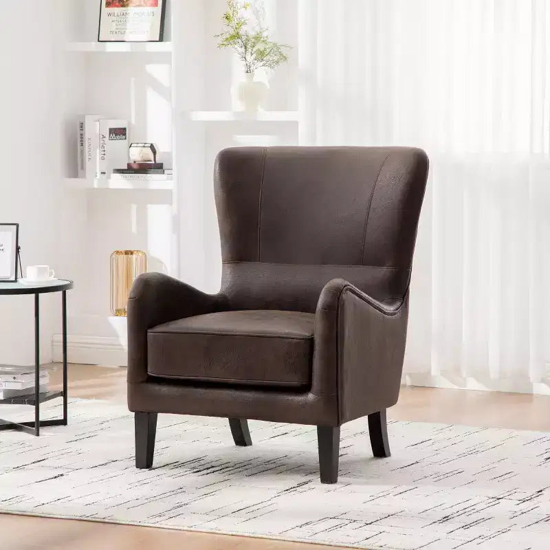 Retro PU Upholstered Accent Chair with High Back, Reading Chair with Solid Wood Legs, Wingback Club Chair for Living Room or Apartment-Panipeachy