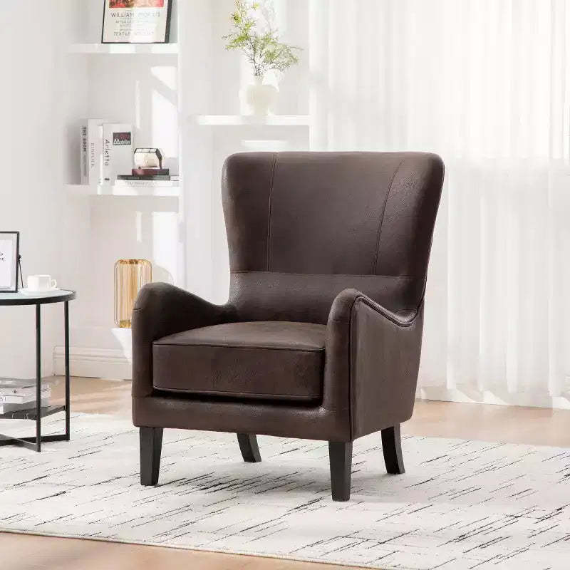 Retro PU Upholstered Accent Chair with High Back, Reading Chair with Solid Wood Legs, Wingback Club Chair for Living Room or Apartment-Panipeachy