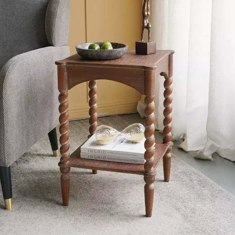 GDFStudio Vaibhav Rustic Square Wooden Side Table with Turned Spiral Legs and Lower Shelf