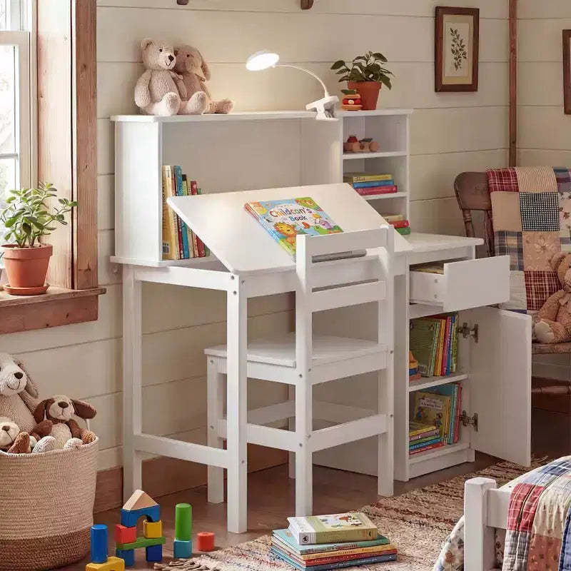 Famapy Solid Wood Kids' Desk & Chair Set: Adjustable Tilt Tabletop + Built-In Hutch + Clip-On Lamp  Ergonomic Study Station for Children
