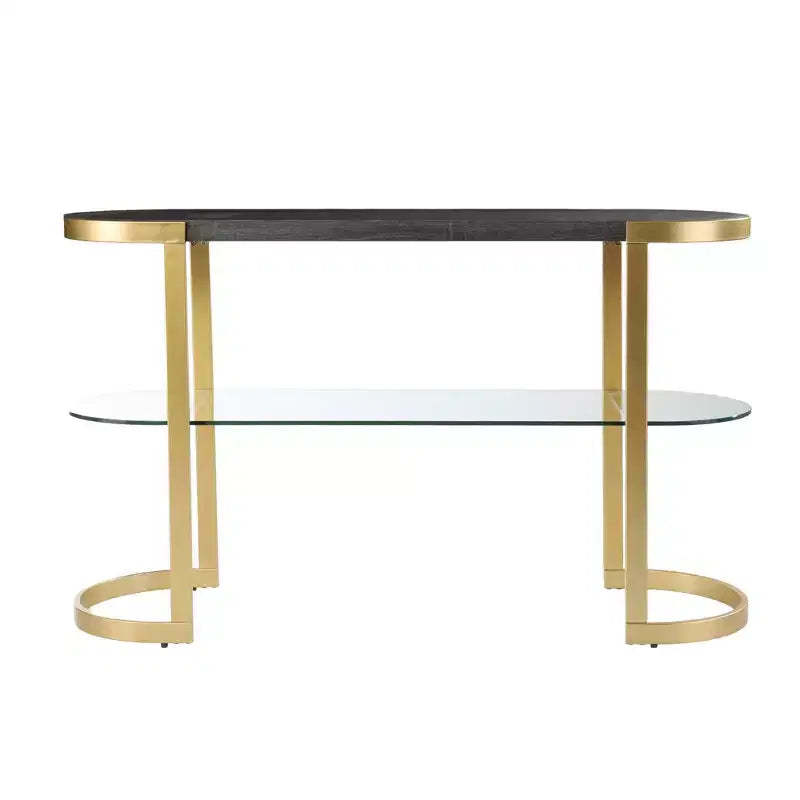 HomeRoots 49 Gray and Gold Solid Wood Oval Sled Console Table With Storage