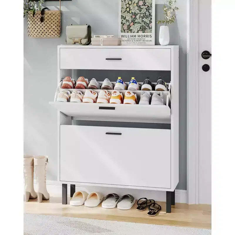 Shoe Storage Cabinet with Dual Flip Drawers, Space-Saving Shoe Organizer for Entryway, Hallway, or Mudroom, Hidden Shoe Rack Cupboard