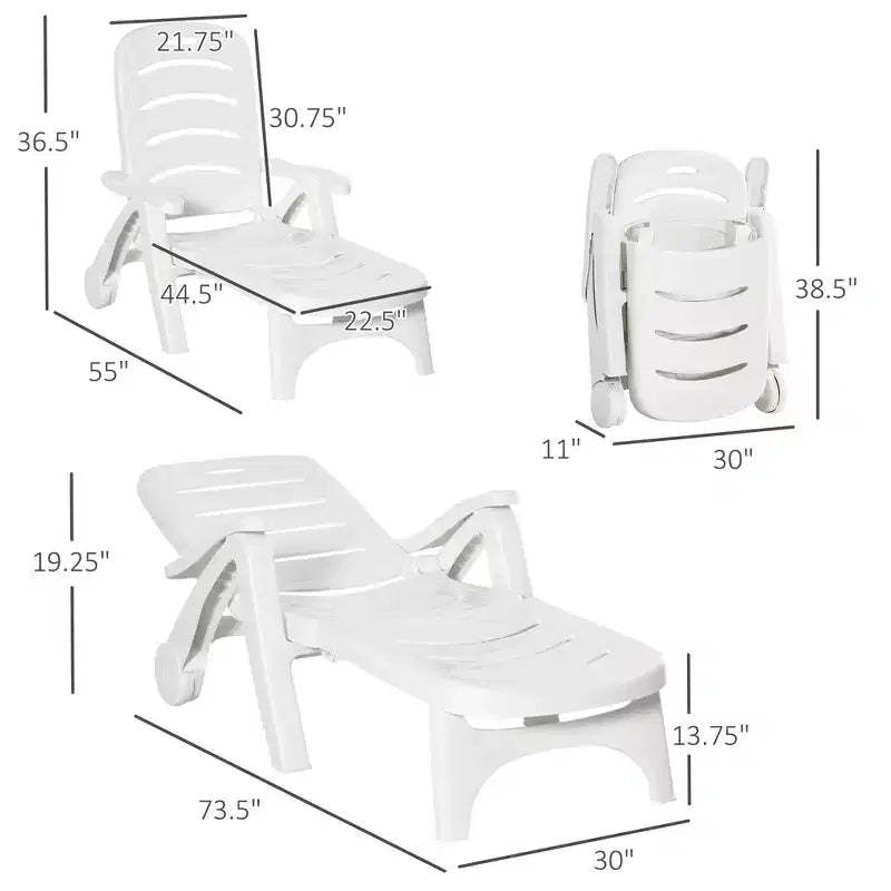 Outdoor Chaise Lounge, 5 Level Adjustable Backrest Lounge Chair with Wheels, Folding Tanning Chair for Pool, Beach, Patio, Garden, White