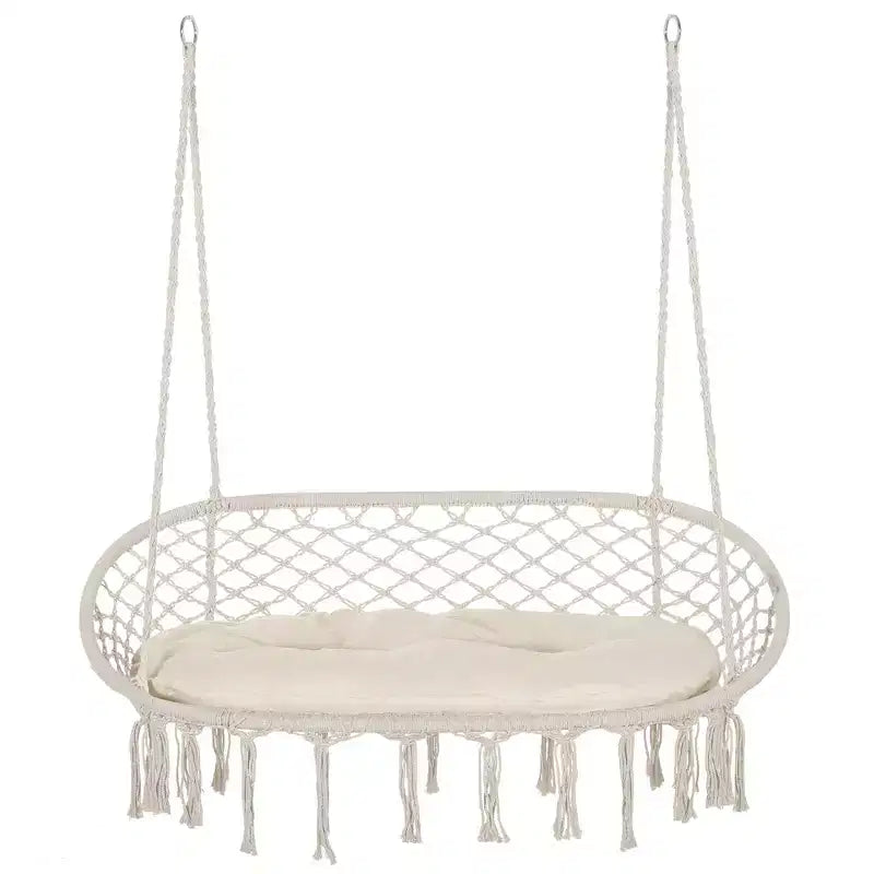 2-Person Hammock Chair Macrame Swing with Soft Cushion, Hanging Cotton Rope Chair for Indoor Outdoor Home Patio Backyard, White