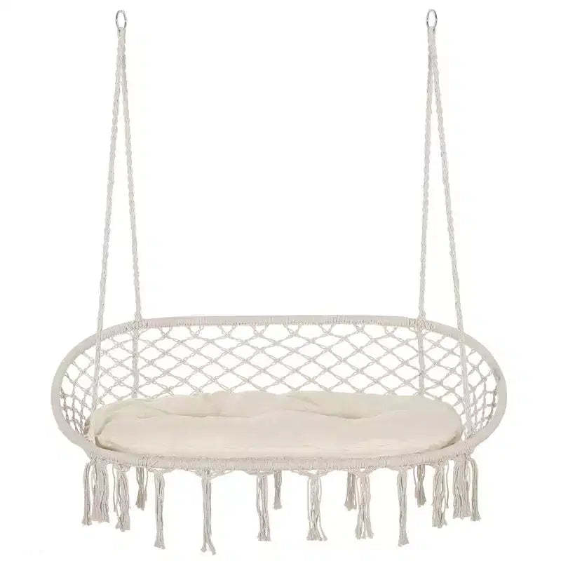 2-Person Hammock Chair Macrame Swing with Soft Cushion, Hanging Cotton Rope Chair for Indoor Outdoor Home Patio Backyard, White