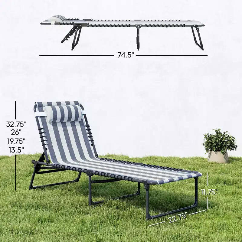 2 Folding Chaise Lounge Pool Chairs with 4-Position Reclining Back, Pillow, Breathable Mesh & Bungee Seat, Blue White