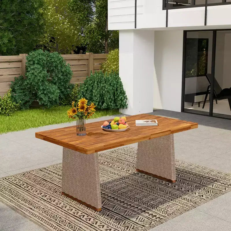 Whisen 1 Piece Outdoor Acacia Wood Dining Table, Patio Dining Table Set with Handwoven Rattan Legs, Teak Finish