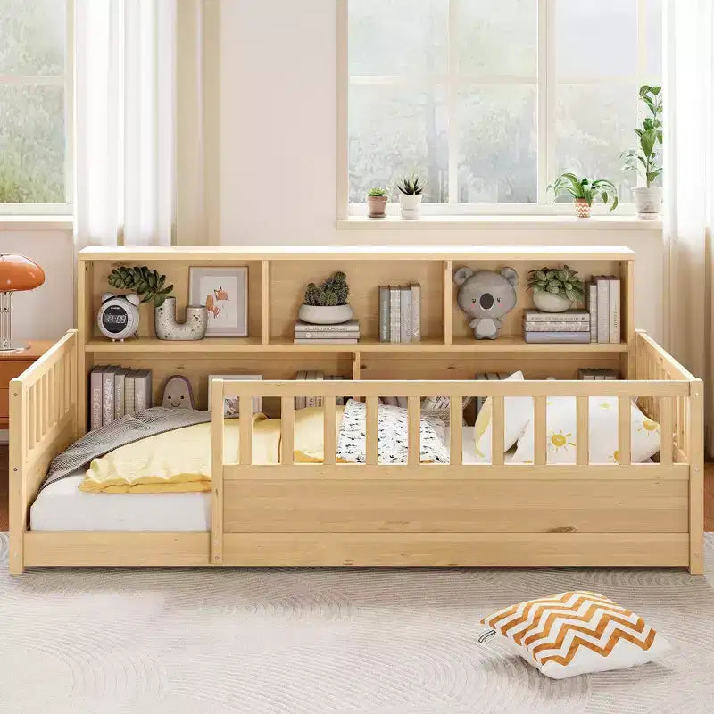 Bellemave Wood Montessori Floor Bed with 21.4'' Fence-Style Guardrails & 5 Storage Shelves, Kids Bed Frame for Bedroom,