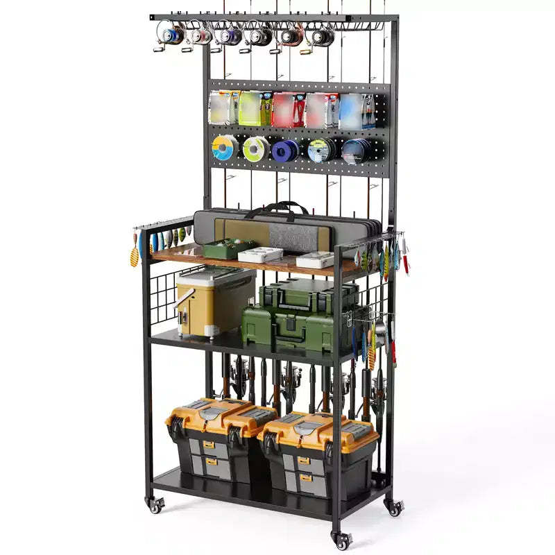 Fishing Rod Holders for Garage, Rolling Fishing Pole Organizer Cart with Pegboard, Fishing Gear Storage Stand Hold up to 12 Rods, Reels, Tackle Boxes